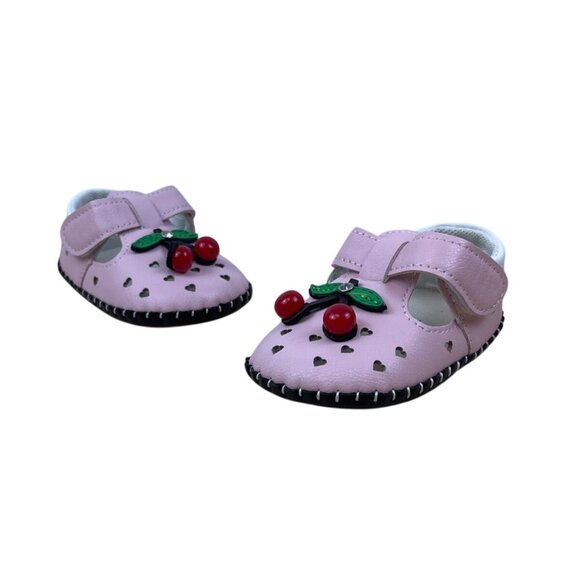 Xinqi Baby Girls Pink Cherry Design Heart Cutouts & Adhesive Strap Shoes Sz 16 - Picture 1 of 7